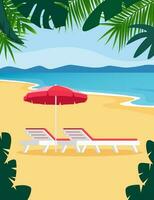 playa paraguas y Dom haragán. cama solar con sombrilla a arena playa. verano tropical recurso con privado chaise-longues a litoral. vacío Dom cama a playa. vector ilustración.