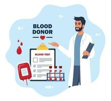 Blood transfusion. Blood donation. Patient blood in test tubes, microscope, exam checklist blank document, blood bag. Man doctor in medical robe. Vector illustration.