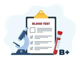 Analysis to determine the blood group. Medical blood test concept. Patient blood in test tubes, microscope, exam checklist. Vector illustration.