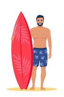 Young man surfer with surfboard standing on the beach. Smiling surfer guy. Vector illustration.