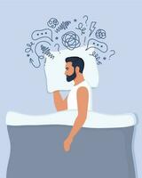 Young man lies in bed and suffers from insomnia, depression, unresolved problems. Man surrounded by stream of anxious thoughts. Mental health, life crisis. Vector illustration.