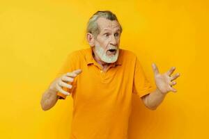 old man hand gesture gray beard fun isolated background photo