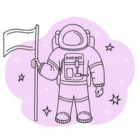 Astronaut, cosmonaut with flag, spaceman. Illustration for printing, backgrounds and packaging. Image can be used for greeting card, poster, sticker and textile. Isolated on white background. vector