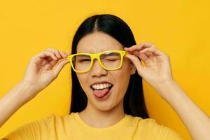 pretty brunette in glasses gesturing with hands copy-space Monochrome shot photo