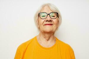 Photo of retired old lady health lifestyle eyeglasses treatment isolated background