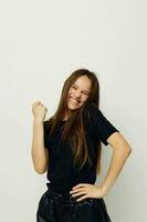 young beautiful woman in a black t-shirt hand gesture fun Lifestyle unaltered photo