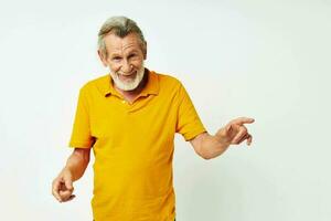 Senior grey-haired man with a gray beard emotion gestures hands cropped view photo