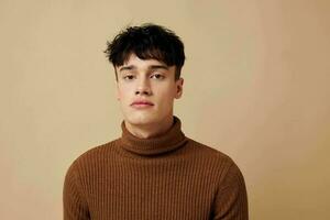 Photo young boyfriend stylish hairstyle brown turtleneck Lifestyle unaltered