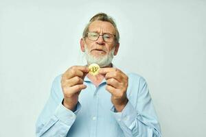 old man cryptocurrency bitcoin investment isolated background photo