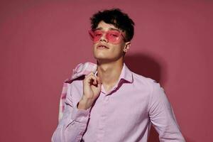 Photo of romantic young boyfriend pink shirt and glasses jacket fashion elegant style Lifestyle unaltered