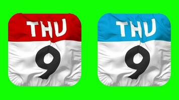 Ninth, 9th Thursday Date Calendar Seamless Looping Squire Cloth Icon, Looped Plain Fabric Texture Waving Slow Motion, 3D Rendering, Green Screen, Alpha Matte video