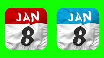 Eighth, 8th January Date Calendar Seamless Looping Squire Cloth Icon, Looped Plain Fabric Texture Waving Slow Motion, 3D Rendering, Green Screen, Alpha Matte video