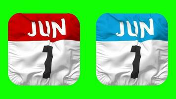 First, 1st June Date Calendar Seamless Looping Squire Cloth Icon, Looped Plain Fabric Texture Waving Slow Motion, 3D Rendering, Green Screen, Alpha Matte video