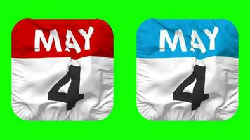 Fourth, 4th May Date Calendar Seamless Looping Squire Cloth Icon, Looped Plain Fabric Texture Waving Slow Motion, 3D Rendering, Green Screen, Alpha Matte video