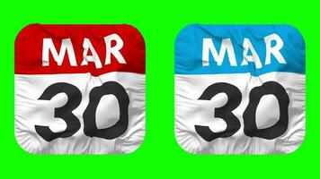 Thirtieth, 30th March Date Calendar Seamless Looping Squire Cloth Icon, Looped Plain Fabric Texture Waving Slow Motion, 3D Rendering, Green Screen, Alpha Matte video