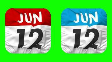 Twelfth, 12th June Date Calendar Seamless Looping Squire Cloth Icon, Looped Plain Fabric Texture Waving Slow Motion, 3D Rendering, Green Screen, Alpha Matte video