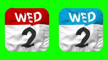Second, 2nd Wednesday Date Calendar Seamless Looping Squire Cloth Icon, Looped Plain Fabric Texture Waving Slow Motion, 3D Rendering, Green Screen, Alpha Matte video