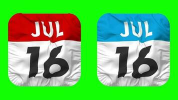 Sixteenth, 16th July Date Calendar Seamless Looping Squire Cloth Icon, Looped Plain Fabric Texture Waving Slow Motion, 3D Rendering, Green Screen, Alpha Matte video