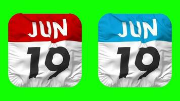 Nineteenth, 19th June Date Calendar Seamless Looping Squire Cloth Icon, Looped Plain Fabric Texture Waving Slow Motion, 3D Rendering, Green Screen, Alpha Matte video