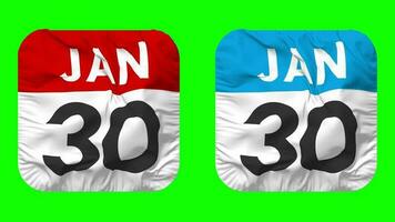 dertigste, 30e januari datum kalender naadloos looping schildknaap kleding icoon, lusvormige duidelijk kleding stof structuur golvend langzaam beweging, 3d weergave, groen scherm, alpha matte video