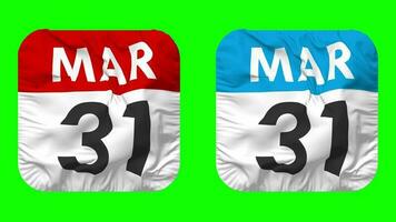 Thirty First, 31st March Date Calendar Seamless Looping Squire Cloth Icon, Looped Plain Fabric Texture Waving Slow Motion, 3D Rendering, Green Screen, Alpha Matte video