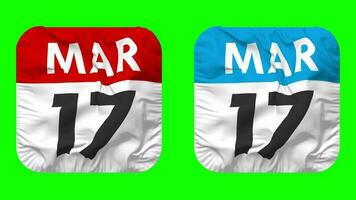 Seventeenth, 17th March Date Calendar Seamless Looping Squire Cloth Icon, Looped Plain Fabric Texture Waving Slow Motion, 3D Rendering, Green Screen, Alpha Matte video