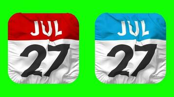 twintig zevende, 27e juli datum kalender naadloos looping schildknaap kleding icoon, lusvormige duidelijk kleding stof structuur golvend langzaam beweging, 3d weergave, groen scherm, alpha matte video