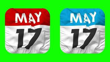 Seventeenth, 17th May Date Calendar Seamless Looping Squire Cloth Icon, Looped Plain Fabric Texture Waving Slow Motion, 3D Rendering, Green Screen, Alpha Matte video