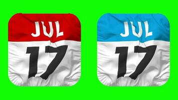 Seventeenth, 17th July Date Calendar Seamless Looping Squire Cloth Icon, Looped Plain Fabric Texture Waving Slow Motion, 3D Rendering, Green Screen, Alpha Matte video