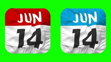 Fourteenth, 14th June Date Calendar Seamless Looping Squire Cloth Icon, Looped Plain Fabric Texture Waving Slow Motion, 3D Rendering, Green Screen, Alpha Matte video