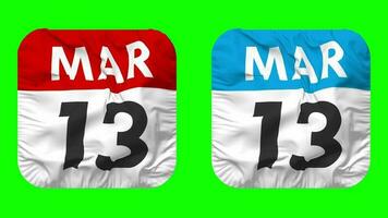 Thirteenth, 13th March Date Calendar Seamless Looping Squire Cloth Icon, Looped Plain Fabric Texture Waving Slow Motion, 3D Rendering, Green Screen, Alpha Matte video