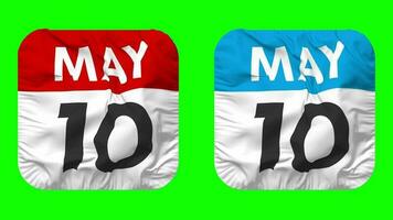 décimo, 10 mayo fecha calendario sin costura bucle escudero paño icono, serpenteado llanura tela textura ondulación lento movimiento, 3d representación, verde pantalla, alfa mate video
