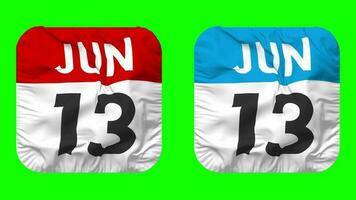 Thirteenth, 13th June Date Calendar Seamless Looping Squire Cloth Icon, Looped Plain Fabric Texture Waving Slow Motion, 3D Rendering, Green Screen, Alpha Matte video