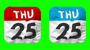 Twenty Fifth, 25th Thursday Date Calendar Seamless Looping Squire Cloth Icon, Looped Plain Fabric Texture Waving Slow Motion, 3D Rendering, Green Screen, Alpha Matte video