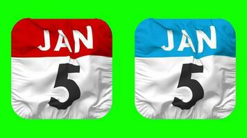 Fifth, 5th January Date Calendar Seamless Looping Squire Cloth Icon, Looped Plain Fabric Texture Waving Slow Motion, 3D Rendering, Green Screen, Alpha Matte video