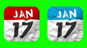 siebzehnter, 17 .. Januar Datum Kalender nahtlos Schleifen Knappe Stoff Symbol, geloopt einfach Stoff Textur winken schleppend Bewegung, 3d Wiedergabe, Grün Bildschirm, Alpha matt video