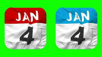 Fourth, 4th January Date Calendar Seamless Looping Squire Cloth Icon, Looped Plain Fabric Texture Waving Slow Motion, 3D Rendering, Green Screen, Alpha Matte video