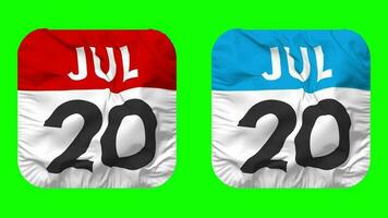 twintigste, 20e juli datum kalender naadloos looping schildknaap kleding icoon, lusvormige duidelijk kleding stof structuur golvend langzaam beweging, 3d weergave, groen scherm, alpha matte video