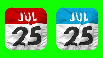 twintig vijfde, 25e juli datum kalender naadloos looping schildknaap kleding icoon, lusvormige duidelijk kleding stof structuur golvend langzaam beweging, 3d weergave, groen scherm, alpha matte video