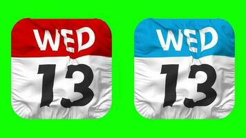 Thirteenth, 13th Wednesday Date Calendar Seamless Looping Squire Cloth Icon, Looped Plain Fabric Texture Waving Slow Motion, 3D Rendering, Green Screen, Alpha Matte video