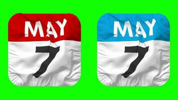 Seventh, 7th May Date Calendar Seamless Looping Squire Cloth Icon, Looped Plain Fabric Texture Waving Slow Motion, 3D Rendering, Green Screen, Alpha Matte video