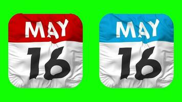 Sixteenth, 16th May Date Calendar Seamless Looping Squire Cloth Icon, Looped Plain Fabric Texture Waving Slow Motion, 3D Rendering, Green Screen, Alpha Matte video