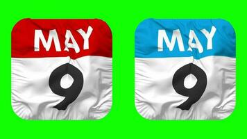Ninth, 9th May Date Calendar Seamless Looping Squire Cloth Icon, Looped Plain Fabric Texture Waving Slow Motion, 3D Rendering, Green Screen, Alpha Matte video