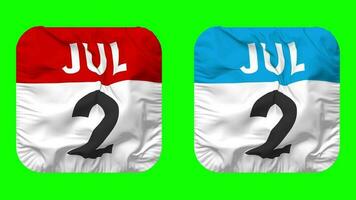 Second, 2nd July Date Calendar Seamless Looping Squire Cloth Icon, Looped Plain Fabric Texture Waving Slow Motion, 3D Rendering, Green Screen, Alpha Matte video