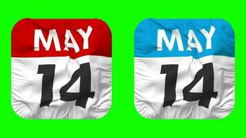 Fourteenth, 14th May Date Calendar Seamless Looping Squire Cloth Icon, Looped Plain Fabric Texture Waving Slow Motion, 3D Rendering, Green Screen, Alpha Matte video