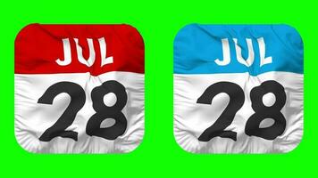 Twenty Eighth, 28th July Date Calendar Seamless Looping Squire Cloth Icon, Looped Plain Fabric Texture Waving Slow Motion, 3D Rendering, Green Screen, Alpha Matte video