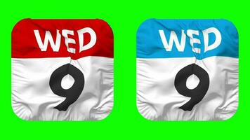 Ninth, 9th Wednesday Date Calendar Seamless Looping Squire Cloth Icon, Looped Plain Fabric Texture Waving Slow Motion, 3D Rendering, Green Screen, Alpha Matte video