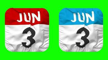 Third, 3rd June Date Calendar Seamless Looping Squire Cloth Icon, Looped Plain Fabric Texture Waving Slow Motion, 3D Rendering, Green Screen, Alpha Matte video