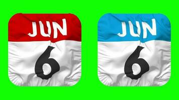 Sixth, 6th June Date Calendar Seamless Looping Squire Cloth Icon, Looped Plain Fabric Texture Waving Slow Motion, 3D Rendering, Green Screen, Alpha Matte video