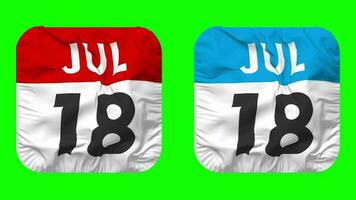 decimoctavo, 18 julio fecha calendario sin costura bucle escudero paño icono, serpenteado llanura tela textura ondulación lento movimiento, 3d representación, verde pantalla, alfa mate video
